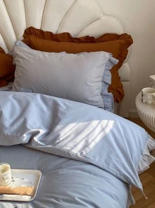 Plain Ruffle Decor Duvet Cover Set Without Filler - Blue - View 3