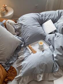 Plain Ruffle Decor Duvet Cover Set Without Filler - Blue - View 4