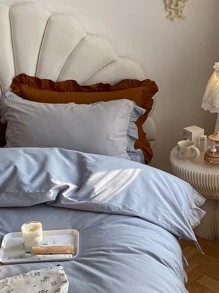 Plain Ruffle Decor Duvet Cover Set Without Filler - Blue - View 5