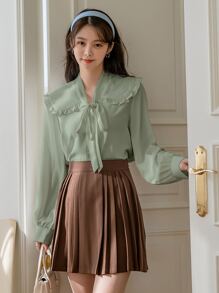 DAZY Statement Collar Frill Trim Knot Front Shirt - Mint Green - View 1