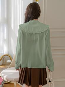 DAZY Statement Collar Frill Trim Knot Front Shirt - Mint Green - View 2