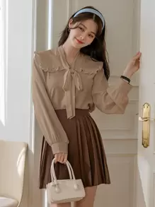 DAZY Tuyên bố cổ áo diềm xếp nếp thắt nút áo phía trước - Màu Khaki - Xem 4