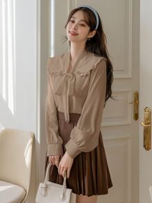 DAZY Tuyên bố cổ áo diềm xếp nếp thắt nút áo phía trước - Màu Khaki - Xem 5