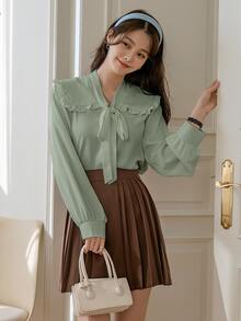 DAZY Statement Collar Frill Trim Knot Front Shirt - Mint Green - View 4