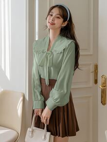 DAZY Statement Collar Frill Trim Knot Front Shirt - Mint Green - View 5