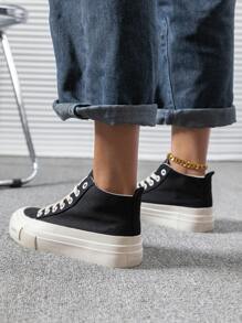 Letter Patch Decor Lace-up Front Canvas Shoes - Black - View 2