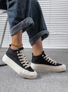 Letter Patch Decor Lace-up Front Canvas Shoes - Black - View 3