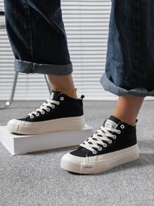 Letter Patch Decor Lace-up Front Canvas Shoes - Black - View 4
