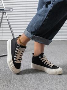 Letter Patch Decor Lace-up Front Canvas Shoes - Black - View 5