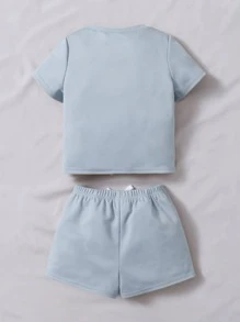 SHEIN 男嬰字母補丁細節T恤和前繫帶短褲 - 淺藍色 - 查看 2
