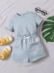 SHEIN 男嬰字母補丁細節T恤和前繫帶短褲 - 淺藍色 - 查看 3
