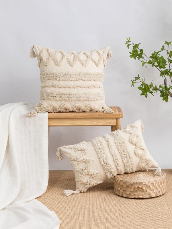 1pc Tufted Tassel Decor Cushion Cover Without Filler, Boho Tufted