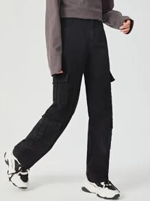 青少年女孩側翻蓋口袋工裝牛仔褲