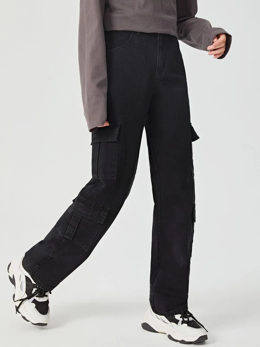 青少年女孩側翻蓋口袋工裝牛仔褲