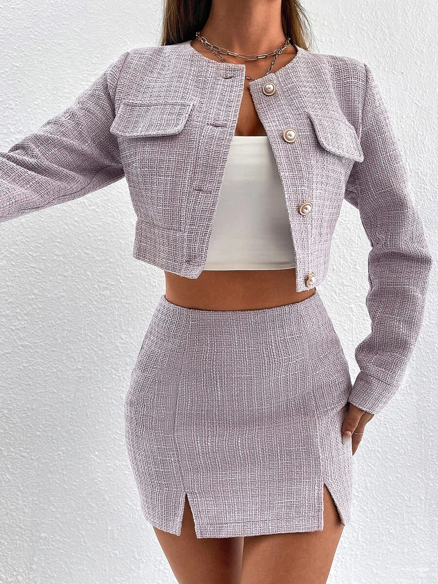 SHEIN PETITE Flap Detail Crop Overcoat & Split Hem Bodycon Skirt - Dusty Purple - View 1