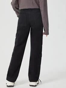 青少年女孩側翻蓋口袋工裝牛仔褲