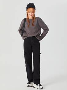 青少年女孩側翻蓋口袋工裝牛仔褲