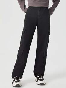 青少年女孩側翻蓋口袋工裝牛仔褲