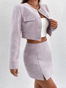 SHEIN PETITE Flap Detail Crop Overcoat & Split Hem Bodycon Skirt - Dusty Purple - View 3
