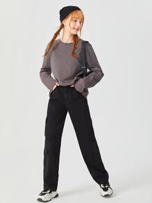 青少年女孩側翻蓋口袋工裝牛仔褲