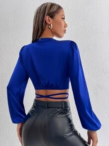 SHEIN PETITE Solid Wrap Tie Front Crop Satin Blouse - Royal Blue - View 2