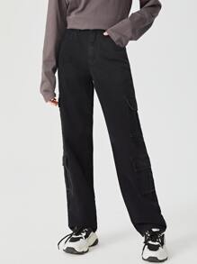 青少年女孩側翻蓋口袋工裝牛仔褲