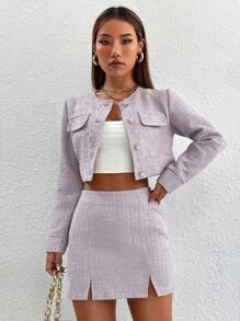 SHEIN PETITE Flap Detail Crop Overcoat & Split Hem Bodycon Skirt - Dusty Purple - View 4