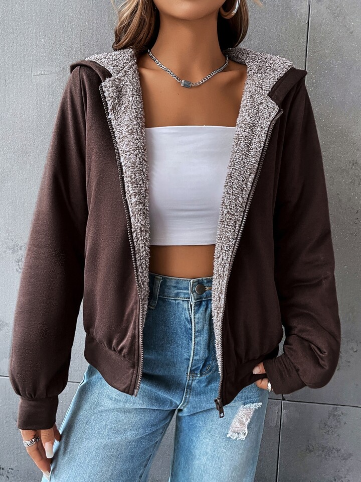 SHEIN EZwear ジッパーアップ ドロップショルダー テディライン フー SHEIN EZwear ジッパーアップ ドロップショルダー テディライン フー