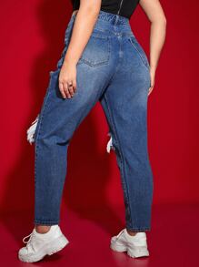 SHEIN ICON Quần Denim kích thước lớn Túi Bị tách Dây kéo màu trơn - Rửa trung bình - Xem 2