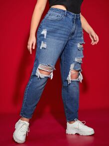 SHEIN ICON Quần Denim kích thước lớn Túi Bị tách Dây kéo màu trơn - Rửa trung bình - Xem 3