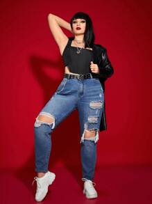 SHEIN ICON Quần Denim kích thước lớn Túi Bị tách Dây kéo màu trơn - Rửa trung bình - Xem 4