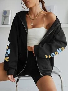 INAWLY Cartoon & Slogan Graphic Zip Up Thermal Lined Drawstring Hoodie Pullover Fall - Black - View 2