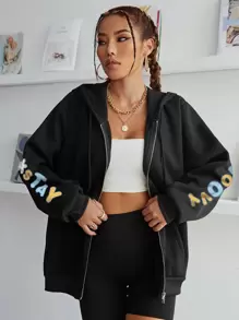 INAWLY Cartoon & Slogan Graphic Zip Up Thermal Lined Drawstring Hoodie Pullover Fall - Black - View 3