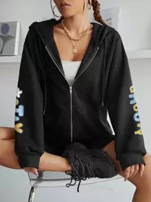 INAWLY Cartoon & Slogan Graphic Zip Up Thermal Lined Drawstring Hoodie Pullover Fall - Black - View 4
