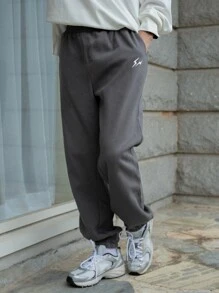 DAZY 男士閃電標識刺繡彈性腰帶衛褲 - 深灰色 - 查看 4