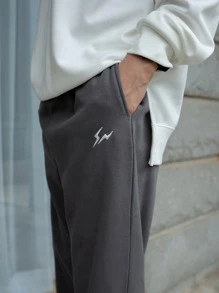 DAZY 男士閃電標識刺繡彈性腰帶衛褲 - 深灰色 - 查看 5