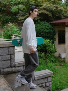 DAZY 男士閃電標識刺繡彈性腰帶衛褲 - 深灰色 - 查看 6
