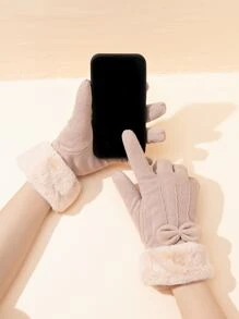 蝴蝶結裝飾毛絨內襯手套