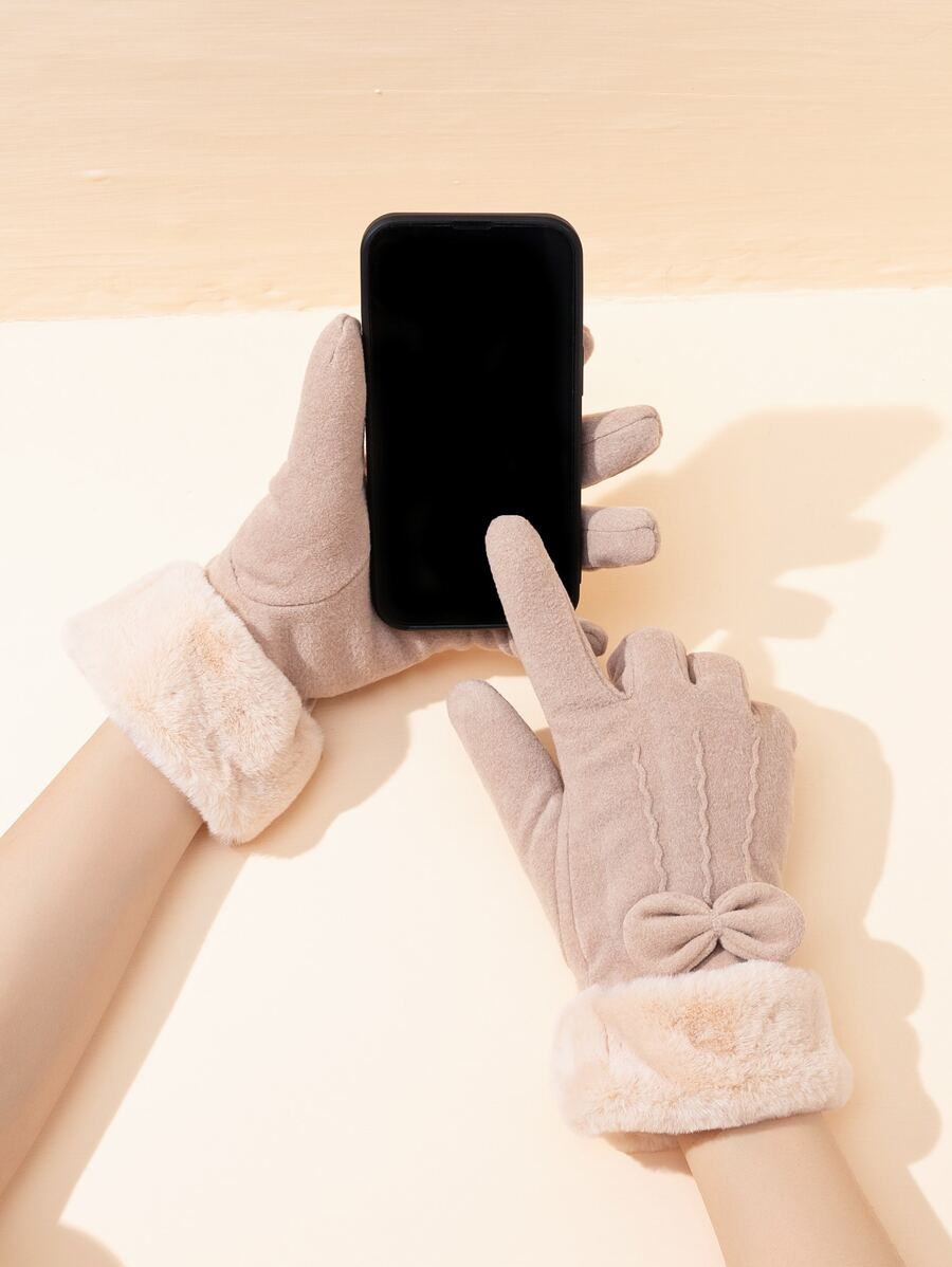 蝴蝶結裝飾毛絨內襯手套