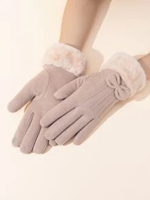 蝴蝶結裝飾毛絨內襯手套