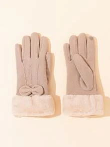 蝴蝶結裝飾毛絨內襯手套