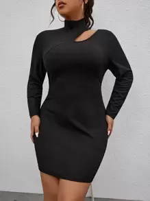 SHEIN Privé Plus Cut Out Mock Neck Bodycon Dress - Black - View 1