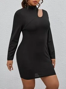 SHEIN Privé Plus Cut Out Mock Neck Bodycon Dress - Black - View 3