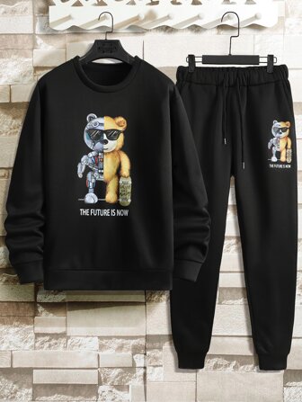 Hombres Sudadera con estampado de oso y slogan & Pantalones deportivos de cintura con cordón