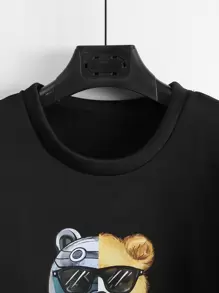 Manfinity Homme Men Bear And Slogan Graphic Sweatshirt & Drawstring Waist Joggers - Black - View 3