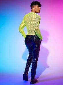 FeverCity Men Neon Lime Hollow Out Mesh Tee - Lime Green - View 3