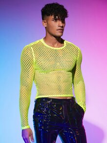 FeverCity Men Neon Lime Hollow Out Mesh Tee - Lime Green - View 4