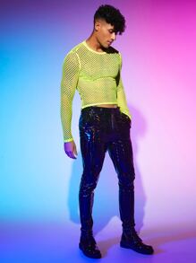 FeverCity Men Neon Lime Hollow Out Mesh Tee - Lime Green - View 6