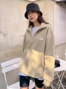 DAZY Áo chui đầu lông cừu vai trễ, viền rút chi tiết vá, quần áo mùa thu cho nữ - Màu Khaki - Xem 4