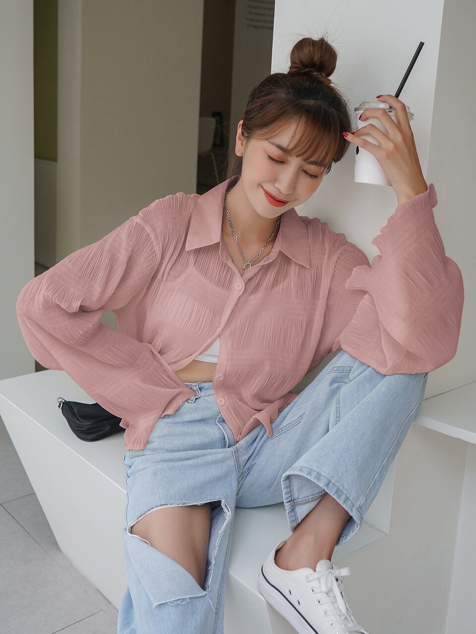 Solid Textured Semi-sheer Shirt